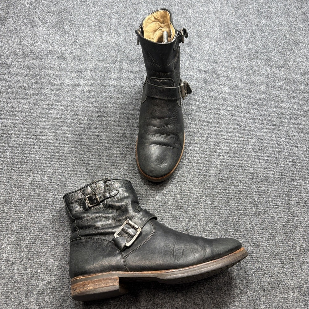 Women's Frye Tyler Engineer Boots Black Ankle Buckle Size 10 7" Moto Side Zip